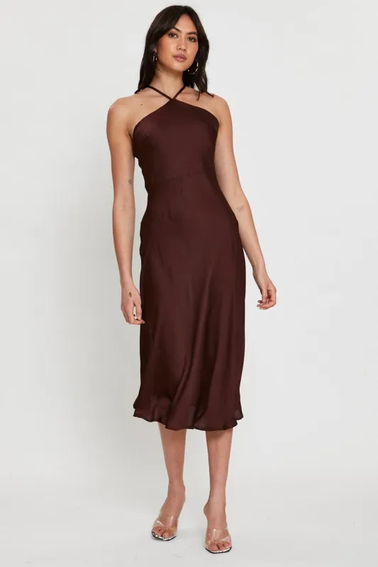 Brown Slip Dress Halter Neck sold by Ally Fashion