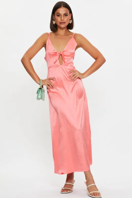 Brown Tie Front Satin Midi Dress sold by Ally Fashion