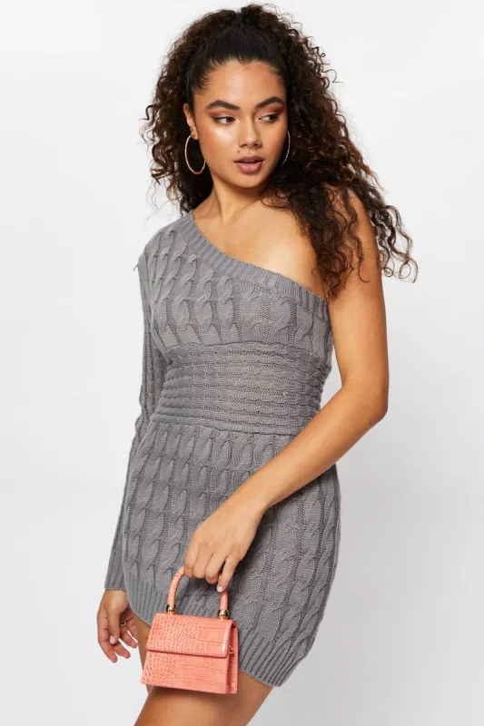 Grey One Shoulder Cable Knit Dress sold by Ally Fashion