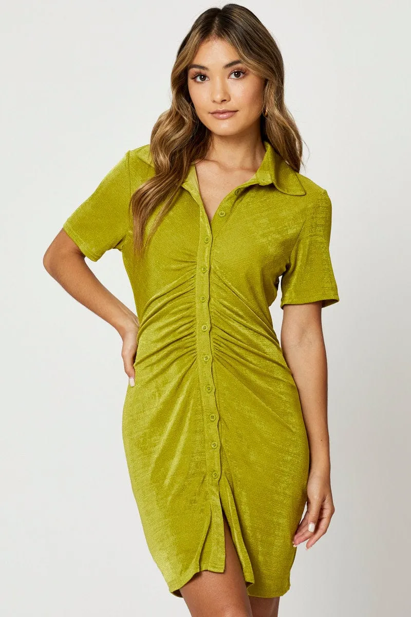 Green Button Front Ruched Shirt Dress sold by Ally Fashion