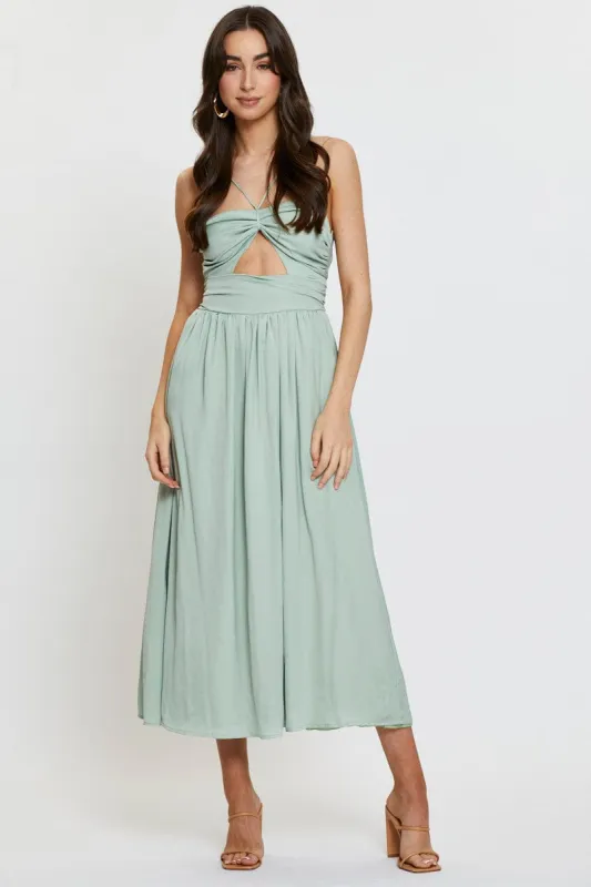 Green Midi Dress Evening Halter Neck Satin sold by Ally Fashion