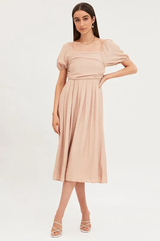 Beige Midi Dress Evening Square Neck sold by Ally Fashion