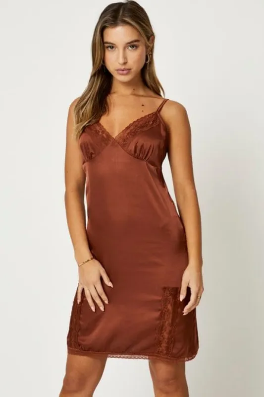Brown Lace Trim Slip Dress sold by Ally Fashion