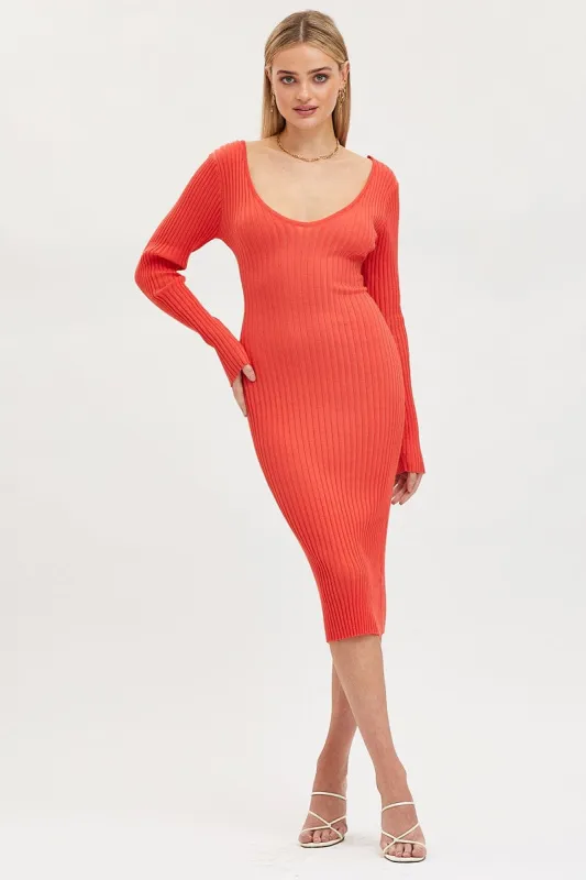 Orange Knit Dress Evening Midi sold by Ally Fashion