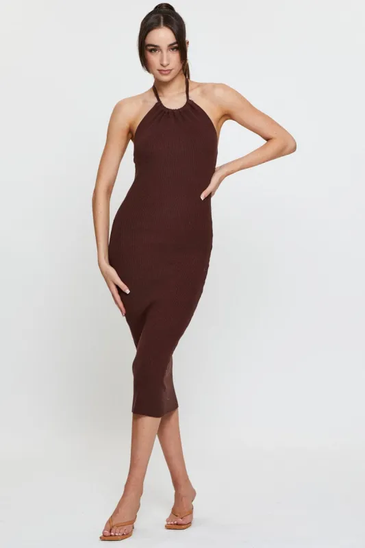 Brown Knit Dress Midi Halter Neck sold by Ally Fashion
