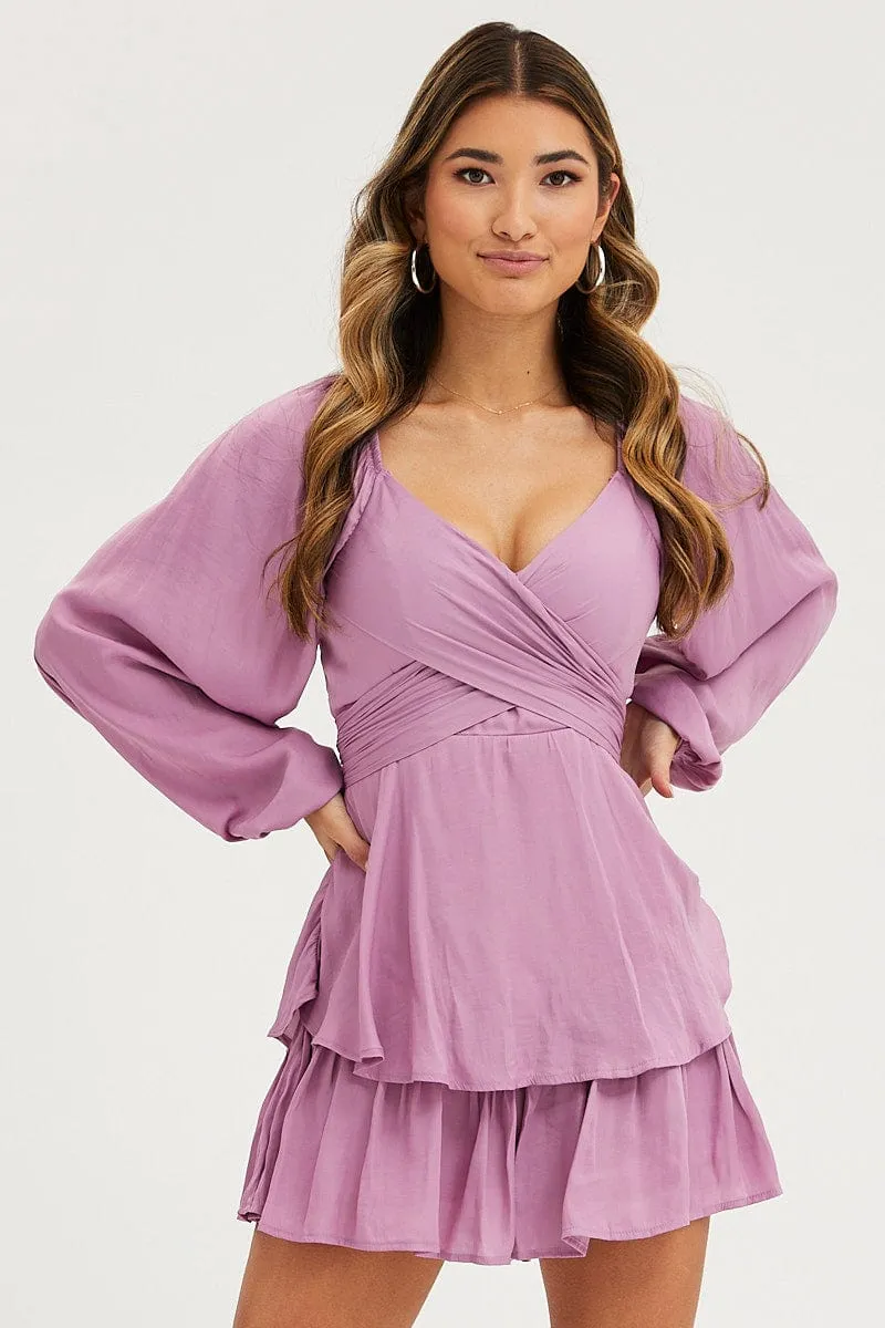 Purple Wrap Playsuit Long Sleeve sold by Ally Fashion