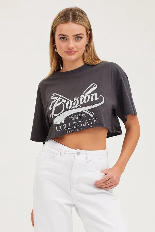 Black Graphic T Shirt Short Sleeve Crop Crew Neck sold by Ally Fashion