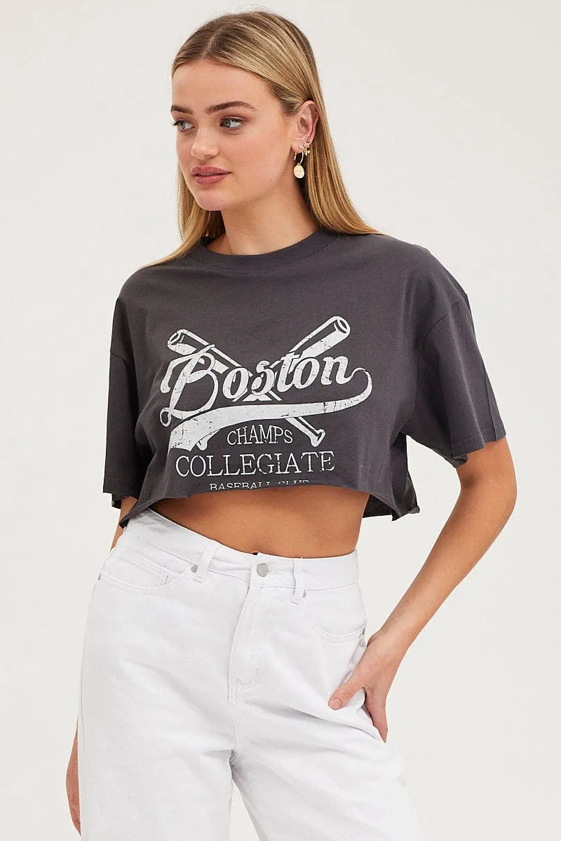 Black Graphic T-Shirt Short Sleeve Crop Crew Neck sold by Ally Fashion product image thumbnail 3