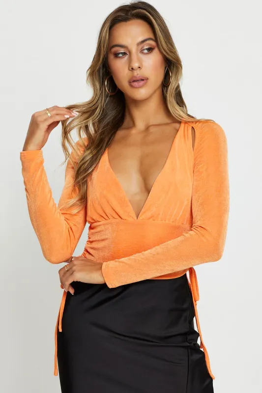 Orange Slinky Top Long Sleeve V Neck sold by Ally Fashion