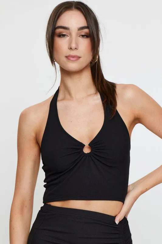 Black Ring Detail Top Crop Halter Neck sold by Ally Fashion