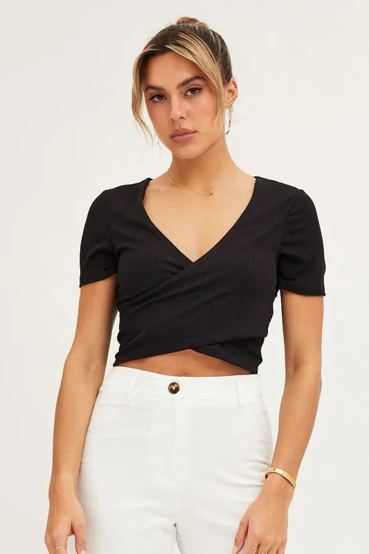 Black Short Sleeve V Neck Rib Jersey Crossover Top sold by Ally Fashion