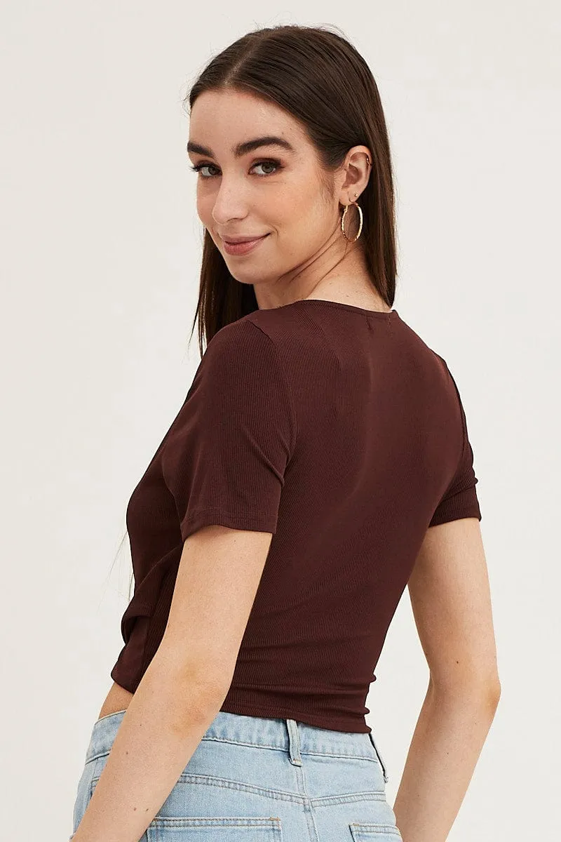 Brown Short Sleeve V Neck Rib Jersey Crossover Top sold by Ally Fashion product image thumbnail 5
