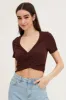 Brown Short Sleeve V Neck Rib Jersey Crossover Top sold by Ally Fashion