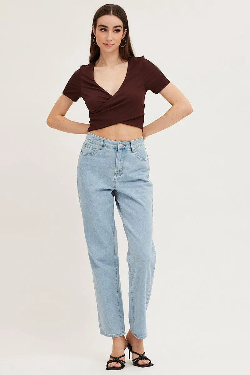 Brown Short Sleeve V Neck Rib Jersey Crossover Top sold by Ally Fashion product image thumbnail 2