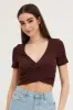 Brown Short Sleeve V Neck Rib Jersey Crossover Top sold by Ally Fashion