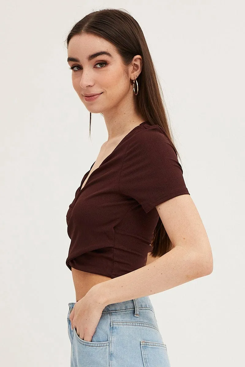 Brown Short Sleeve V Neck Rib Jersey Crossover Top sold by Ally Fashion product image thumbnail 4