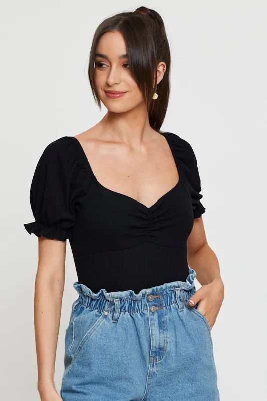 Black Ruched Bodysuit Puff Sleeve sold by Ally Fashion