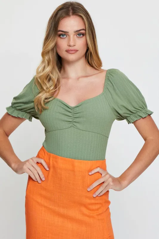 Green Ruched Bodysuit Puff Sleeve sold by Ally Fashion