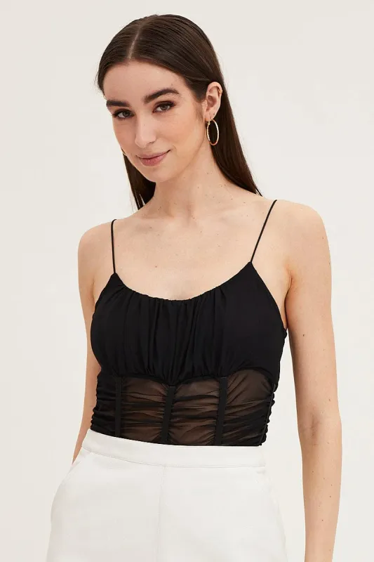 Black Sleeveless Corset Look Waist Detail Mesh Bodysuit sold by Ally Fashion
