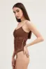 Brown Sleeveless Corset Look Waist Detail Mesh Bodysuit sold by Ally Fashion