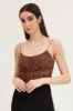 Brown Sleeveless Corset Look Waist Detail Mesh Bodysuit sold by Ally Fashion