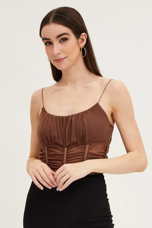 Brown Sleeveless Corset Look Waist Detail Mesh Bodysuit sold by Ally Fashion