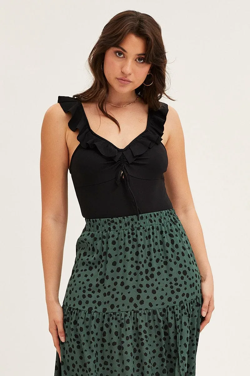 Black Jersey Sleeveless Ruffle Tie Front Bodysuit sold by Ally Fashion