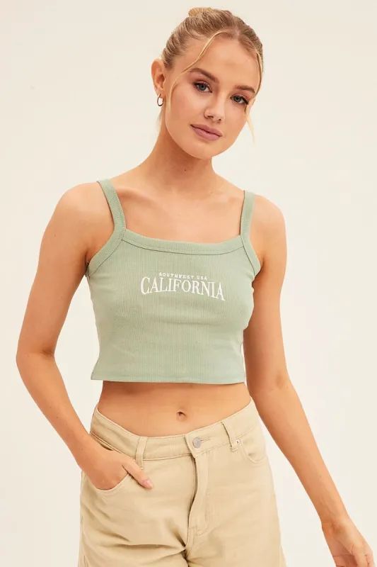 Green Crop Singlet Sleeveless Rib Embroidered sold by Ally Fashion