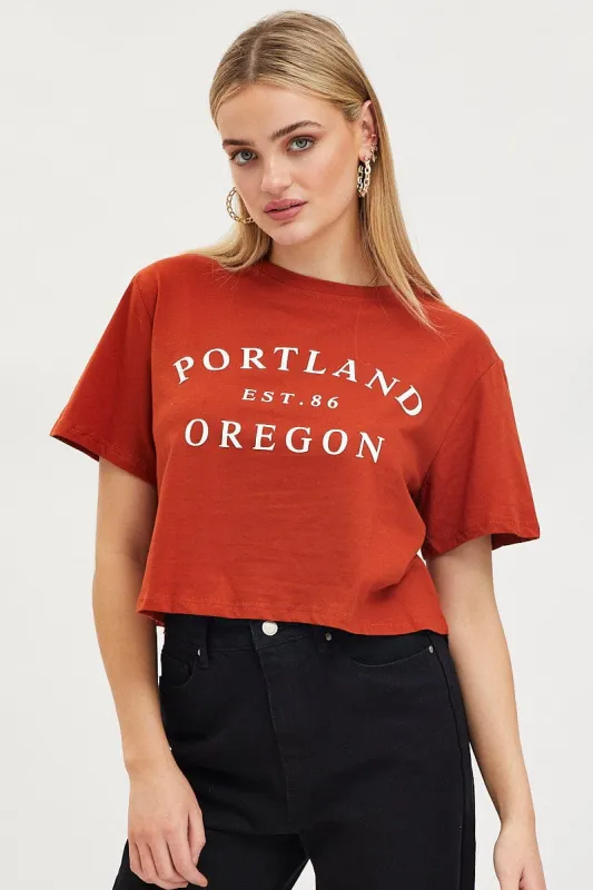 Brown Graphic T Shirt Short Sleeve Crop sold by Ally Fashion