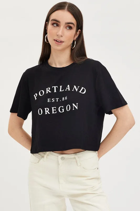 Black Graphic T Shirt Short Sleeve Crop sold by Ally Fashion