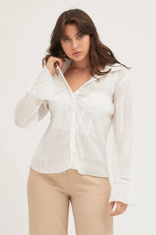 White Pleated Shirt Long Flare Sleeve sold by Ally Fashion