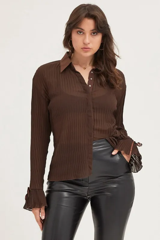 Brown Pleated Shirt Long Flare Sleeve sold by Ally Fashion