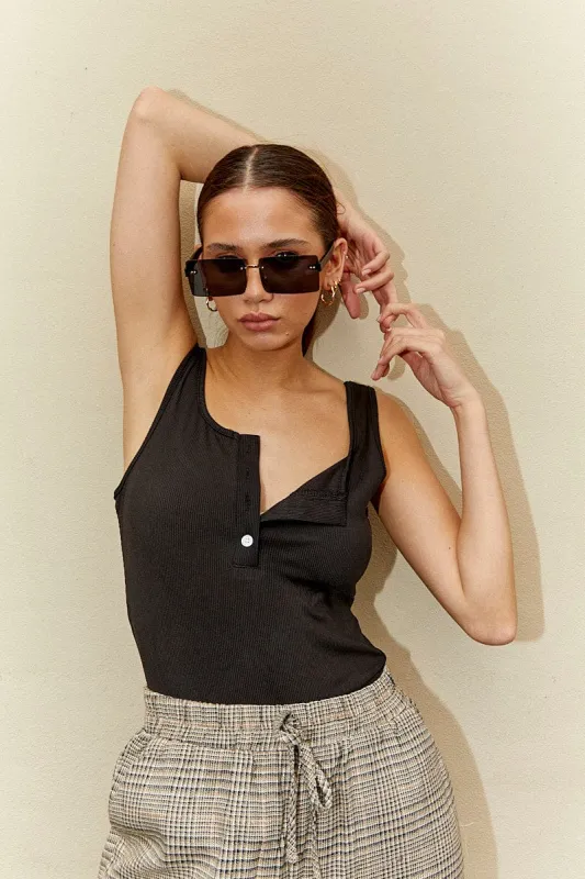Black Button Front Rib Bodysuit sold by Ally Fashion