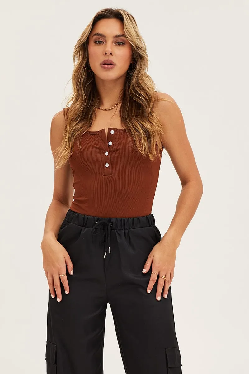 Brown Button Front Rib Bodysuit sold by Ally Fashion