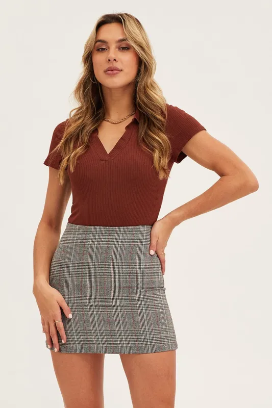 Brown Short Sleeve Rib Jersey V Neck Bodysuit sold by Ally Fashion