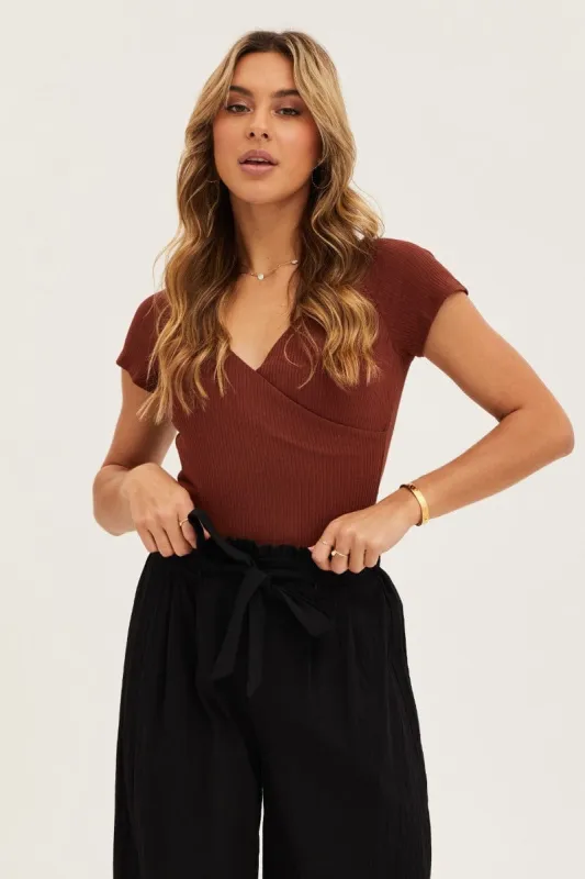 Brown Off Shoulder Rib Bodysuit sold by Ally Fashion