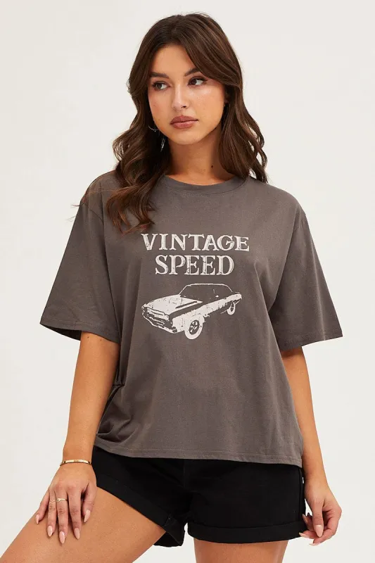 Grey Crew Neck Graphic T-Shirt sold by Ally Fashion
