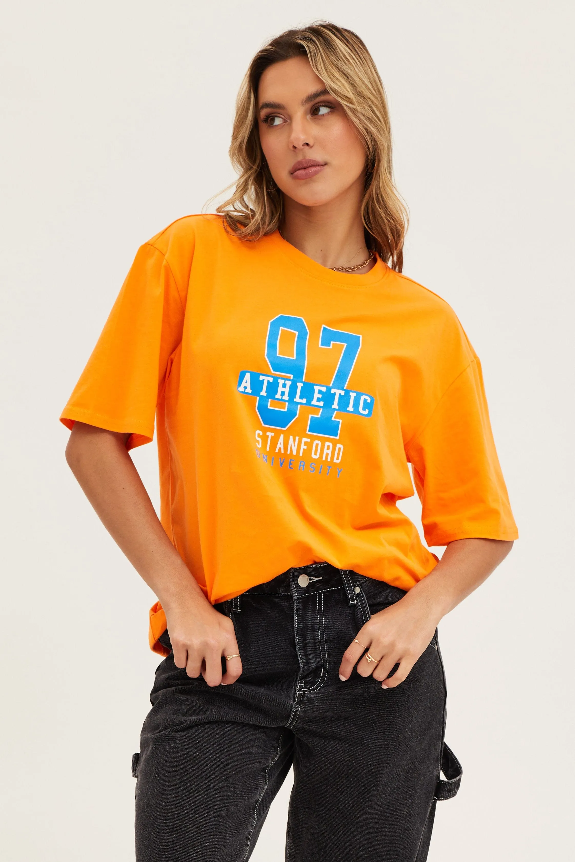 Orange Crew Neck Oversized Tee sold by Ally Fashion
