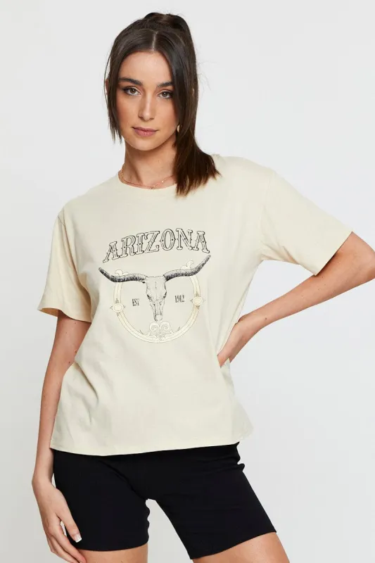 Beige Graphic T Shirt Short Sleeve sold by Ally Fashion