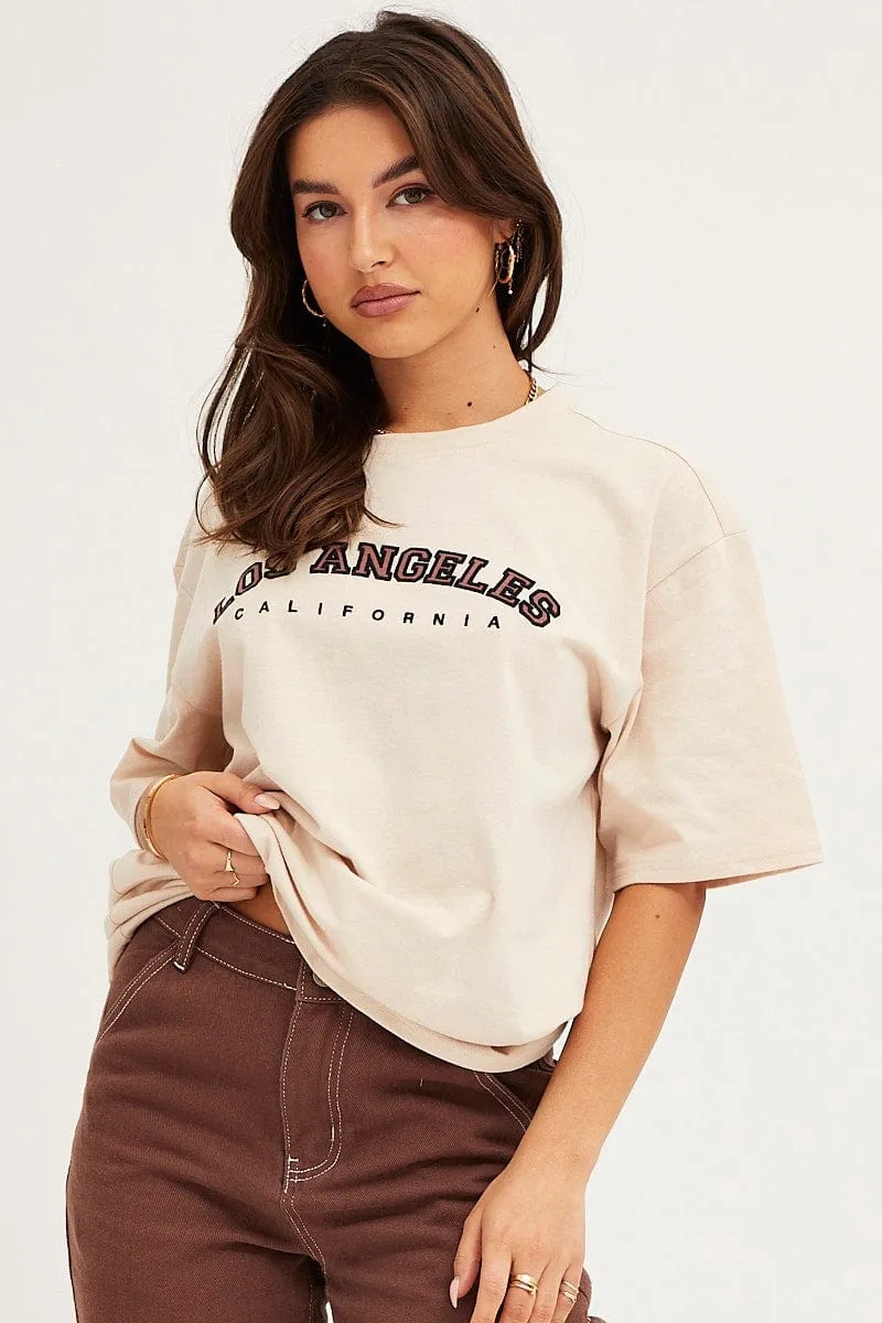 Beige Graphic T Shirt Crew Neck sold by Ally Fashion