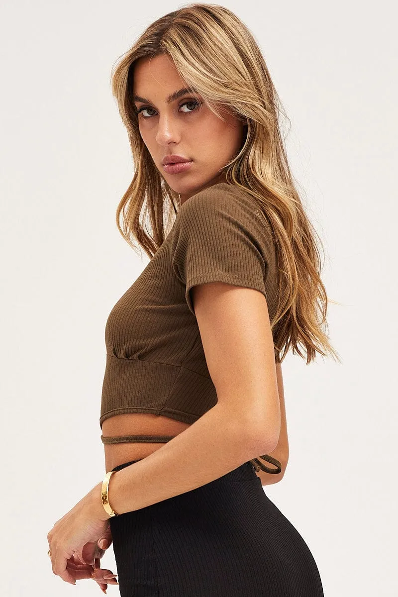 Brown Top Short Sleeve Midriff sold by Ally Fashion product image thumbnail 4