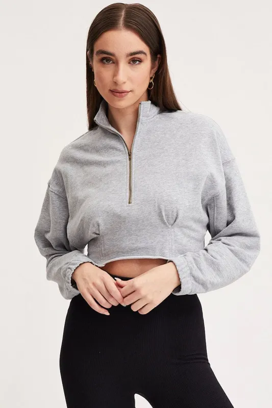 Grey Zip Front Sweater Long Sleeve sold by Ally Fashion