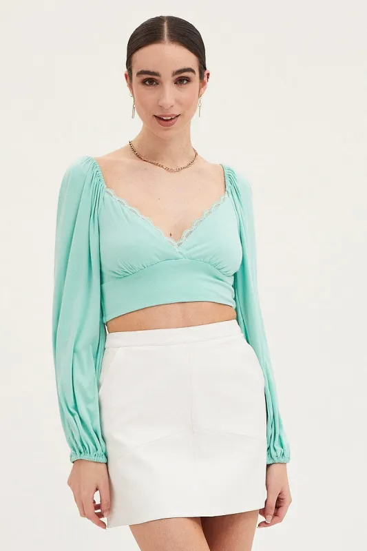Green Top Long Sleeve Lace Trim sold by Ally Fashion