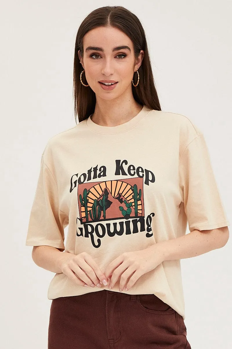 Beige Graphic Tank Short Sleeve Cotton sold by Ally Fashion