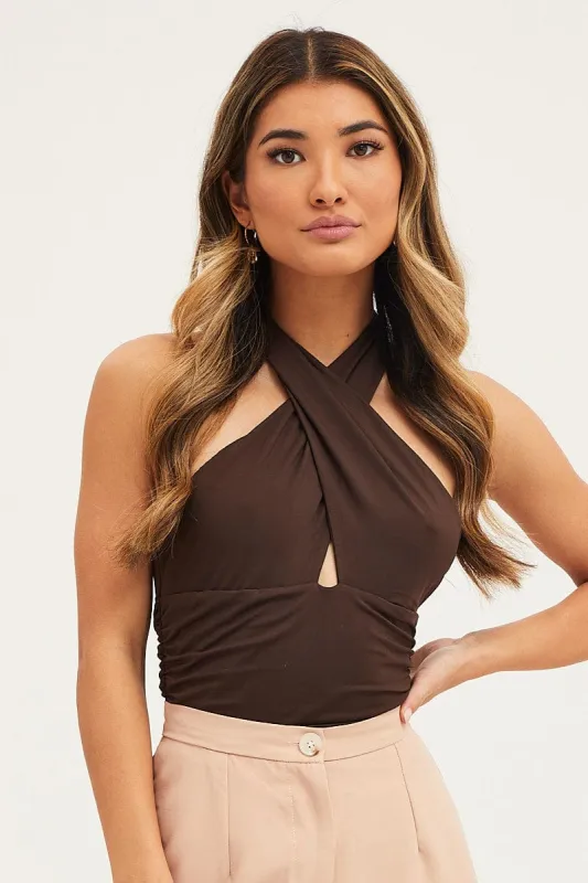 Brown Bodysuit Halter Neck sold by Ally Fashion