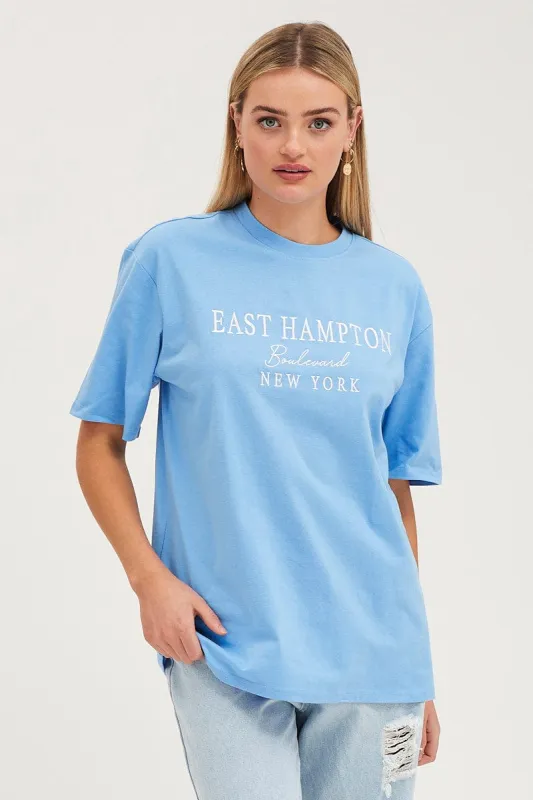 Blue Graphic T Shirt Oversized Crew Neck sold by Ally Fashion