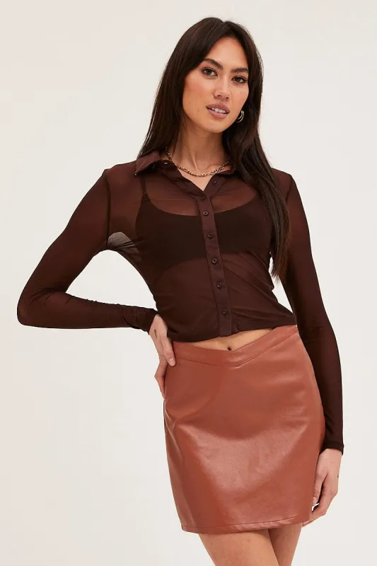 Brown Button Front Top Long Sleeve Mesh sold by Ally Fashion