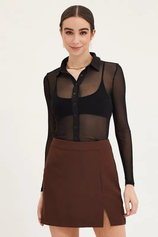 Black Button Front Top Long Sleeve Mesh sold by Ally Fashion
