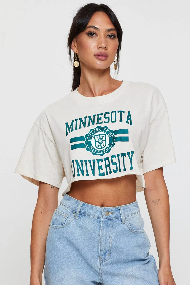 Beige Graphic Crop Top Short Sleeve sold by Ally Fashion