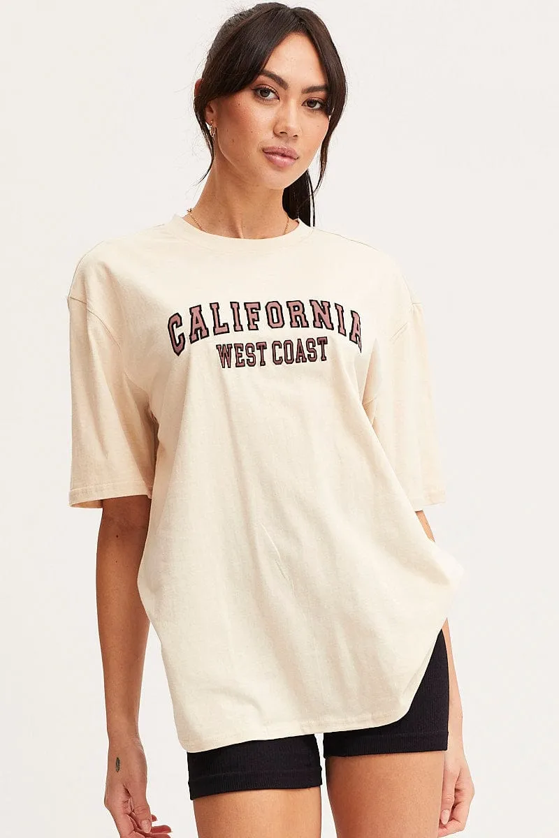 Beige Graphic T Shirt Short Sleeve Embroided sold by Ally Fashion